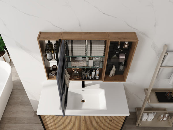 English Elm 41.7 Inch Wall Mounted Bathroom Mirror Cabinet with Soft Close Doors and Plywood Storage Mirror Door with Adjustable Glass Shelves W999S00549