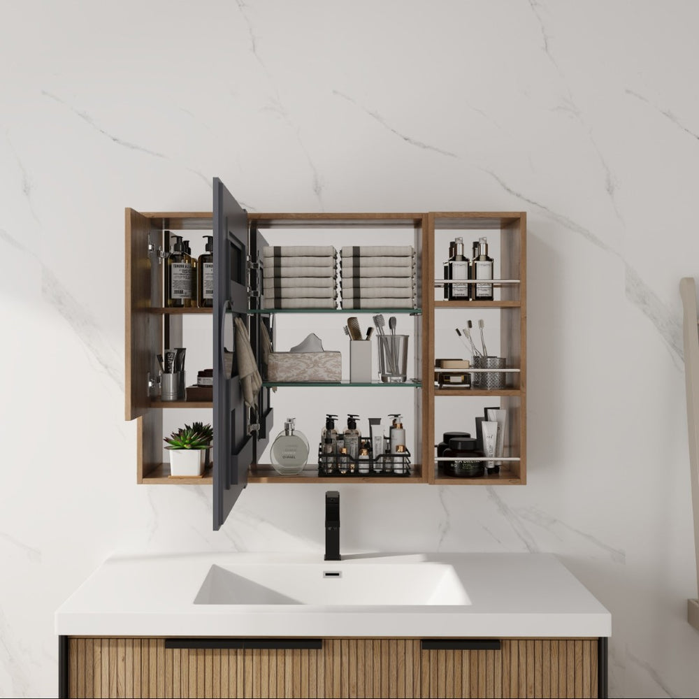 English Elm 39.4 Inch Wall Mounted Bathroom Mirror Cabinet with Adjustable Shelves and Plywood Body W999S00550