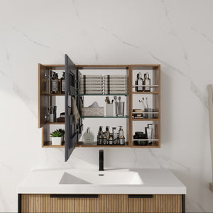 English Elm 39.4 Inch Wall Mounted Bathroom Mirror Cabinet with Adjustable Shelves and Plywood Body W999S00550