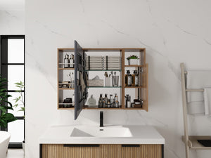 English Elm 39.4 Inch Wall Mounted Bathroom Mirror Cabinet with Adjustable Shelves and Plywood Body W999S00550