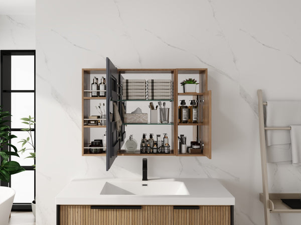 English Elm 39.4 Inch Wall Mounted Bathroom Mirror Cabinet with Adjustable Shelves and Plywood Body W999S00550