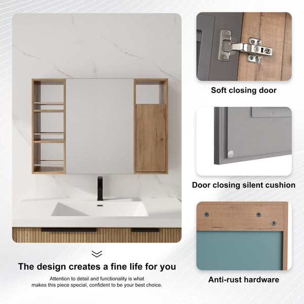 English Elm 39.4 Inch Wall Mounted Bathroom Mirror Cabinet with Adjustable Shelves and Plywood Body W999S00550