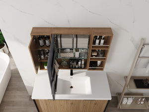 English Elm 39.4 Inch Wall Mounted Bathroom Mirror Cabinet with Adjustable Shelves and Plywood Body W999S00550