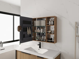 English Elm 39.4 Inch Wall Mounted Bathroom Mirror Cabinet with Adjustable Shelves and Plywood Body W999S00550
