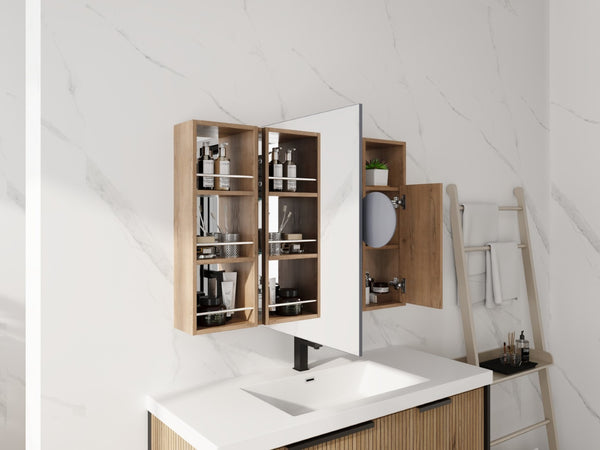 English Elm 39.4 Inch Wall Mounted Bathroom Mirror Cabinet with Adjustable Shelves and Plywood Body W999S00550