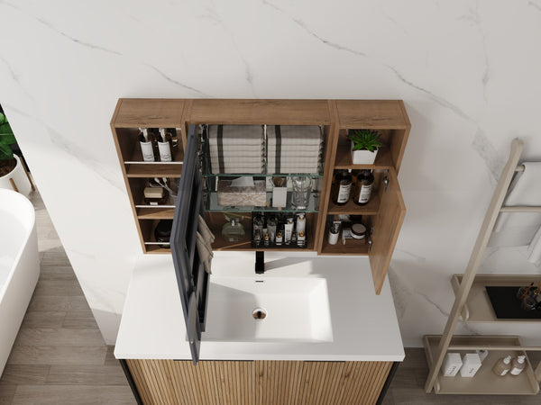 English Elm 39.4 Inch Wall Mounted Bathroom Mirror Cabinet with Adjustable Shelves and Plywood Body W999S00550