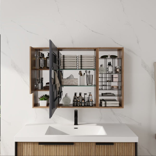 English Elm 41.4 Inch Wall Mounted Bathroom Mirror Cabinet with Adjustable Shelves and Plywood Storage W999S00551