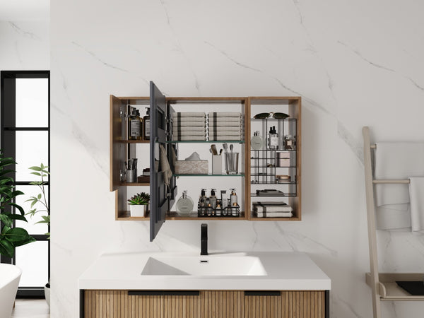 English Elm 41.4 Inch Wall Mounted Bathroom Mirror Cabinet with Adjustable Shelves and Plywood Storage W999S00551