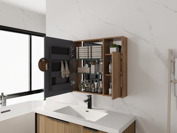 English Elm 41.4 Inch Wall Mounted Bathroom Mirror Cabinet with Adjustable Shelves and Plywood Storage W999S00551