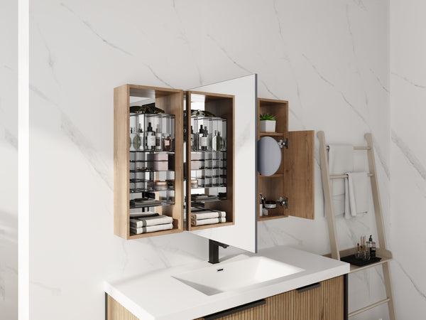 English Elm 41.4 Inch Wall Mounted Bathroom Mirror Cabinet with Adjustable Shelves and Plywood Storage W999S00551