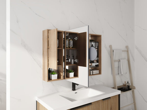 English Elm 41.4 Inch Wall Mounted Bathroom Mirror Cabinet with Adjustable Shelves and Plywood Storage W999S00551