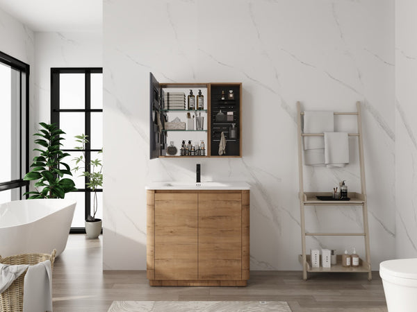 English Elm 31.88 Inch Wall Mounted Bathroom Medicine Cabinet with Mirror and Adjustable Shelves W999S00552