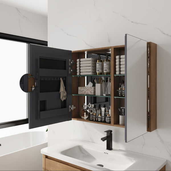 English Elm 33.56'' Wall Mounted Medicine Cabinet Set with Mirror Door and Adjustable Glass Shelves W999S00553