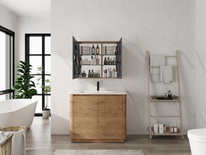 English Elm 33.56'' Wall Mounted Medicine Cabinet Set with Mirror Door and Adjustable Glass Shelves W999S00553