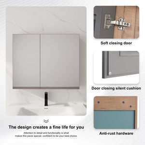 English Elm 33.56'' Wall Mounted Medicine Cabinet Set with Mirror Door and Adjustable Glass Shelves W999S00553