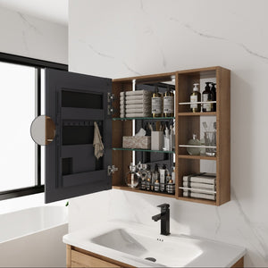 English Elm 29.63 Inch Wall Mounted Bathroom Mirror Cabinet with Adjustable Shelves and Jewelry Storage W999S00554