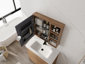 English Elm 29.63 Inch Wall Mounted Bathroom Mirror Cabinet with Adjustable Shelves and Jewelry Storage W999S00554