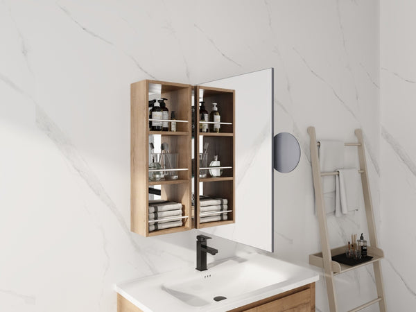 English Elm 29.63 Inch Wall Mounted Bathroom Mirror Cabinet with Adjustable Shelves and Jewelry Storage W999S00554