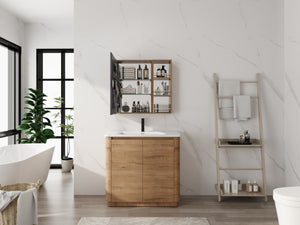 English Elm 29.63 Inch Wall Mounted Bathroom Mirror Cabinet with Adjustable Shelves and Jewelry Storage W999S00554