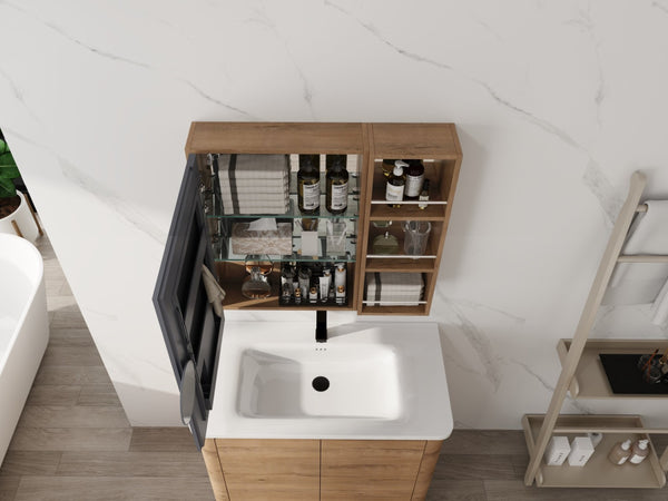 English Elm 29.63 Inch Wall Mounted Bathroom Mirror Cabinet with Adjustable Shelves and Jewelry Storage W999S00554