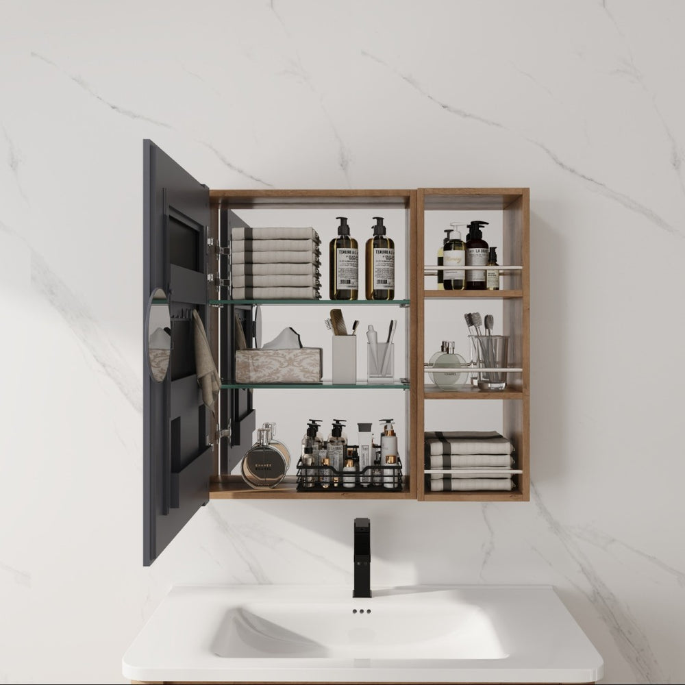 English Elm 29.63 Inch Wall Mounted Bathroom Mirror Cabinet with Adjustable Shelves and Jewelry Storage W999S00554