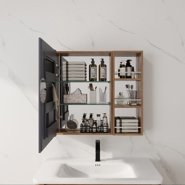 English Elm 29.63 Inch Wall Mounted Bathroom Mirror Cabinet with Adjustable Shelves and Jewelry Storage W999S00554