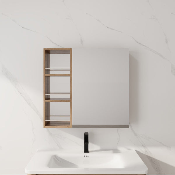 English Elm 29.63 Inch Wall Mounted Bathroom Mirror Cabinet with Adjustable Shelves and Jewelry Storage W999S00554