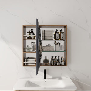 English Elm 29.63 Inch Wall Mounted Bathroom Mirror Cabinet with Adjustable Shelves and Jewelry Storage W999S00554