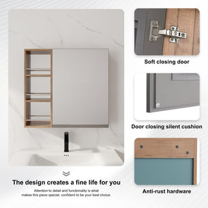 English Elm 29.63 Inch Wall Mounted Bathroom Mirror Cabinet with Adjustable Shelves and Jewelry Storage W999S00554