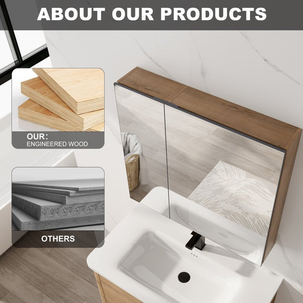 English Elm 29.63 Inch Wall Mounted Medicine Cabinet Set with Mirrored Doors and Adjustable Shelves W999S00555