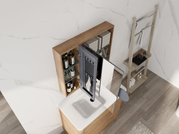 English Elm 29.63 Inch Wall Mounted Medicine Cabinet Set with Mirrored Doors and Adjustable Shelves W999S00555