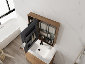 English Elm 29.63 Inch Wall Mounted Medicine Cabinet Set with Mirrored Doors and Adjustable Shelves W999S00555