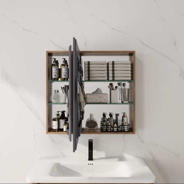 English Elm 29.63 Inch Wall Mounted Medicine Cabinet Set with Mirrored Doors and Adjustable Shelves W999S00555