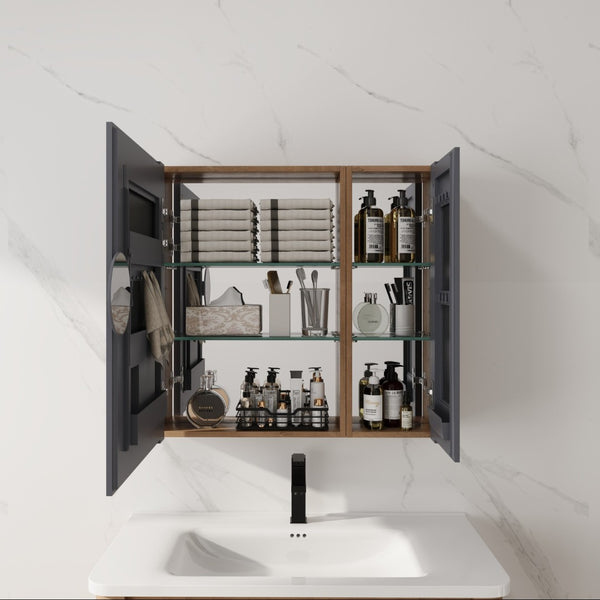 English Elm 29.63 Inch Wall Mounted Medicine Cabinet Set with Mirrored Doors and Adjustable Shelves W999S00555