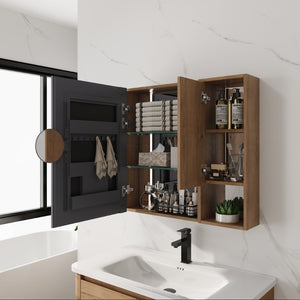 English Elm 29.63 Inch Plywood Medicine Cabinet Wall Mount with Glass Shelves and Jewelry Organizer W999S00557