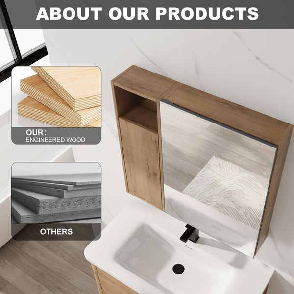 English Elm 29.63 Inch Plywood Medicine Cabinet Wall Mount with Glass Shelves and Jewelry Organizer W999S00557