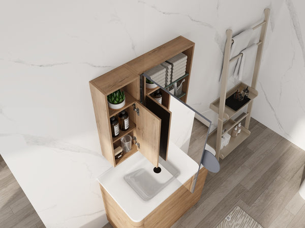 English Elm 29.63 Inch Plywood Medicine Cabinet Wall Mount with Glass Shelves and Jewelry Organizer W999S00557