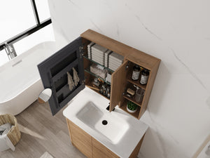 English Elm 29.63 Inch Plywood Medicine Cabinet Wall Mount with Glass Shelves and Jewelry Organizer W999S00557