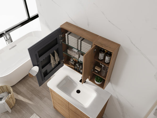 English Elm 29.63 Inch Plywood Medicine Cabinet Wall Mount with Glass Shelves and Jewelry Organizer W999S00557