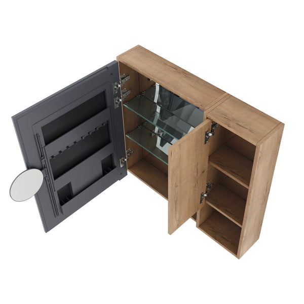 English Elm 29.63 Inch Plywood Medicine Cabinet Wall Mount with Glass Shelves and Jewelry Organizer W999S00557