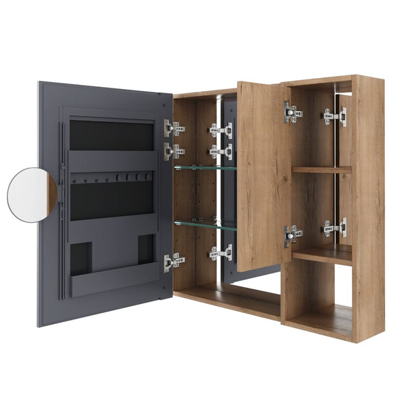 English Elm 29.63 Inch Plywood Medicine Cabinet Wall Mount with Glass Shelves and Jewelry Organizer W999S00557