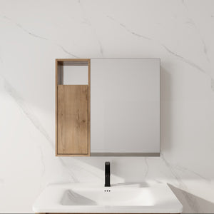 English Elm 29.63 Inch Plywood Medicine Cabinet Wall Mount with Glass Shelves and Jewelry Organizer W999S00557