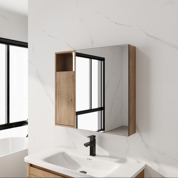 English Elm 29.63 Inch Plywood Medicine Cabinet Wall Mount with Glass Shelves and Jewelry Organizer W999S00557