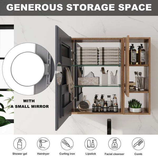 English Elm 29.63 Inch Plywood Medicine Cabinet Wall Mount with Glass Shelves and Jewelry Organizer W999S00557