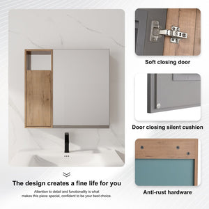 English Elm 29.63 Inch Plywood Medicine Cabinet Wall Mount with Glass Shelves and Jewelry Organizer W999S00557