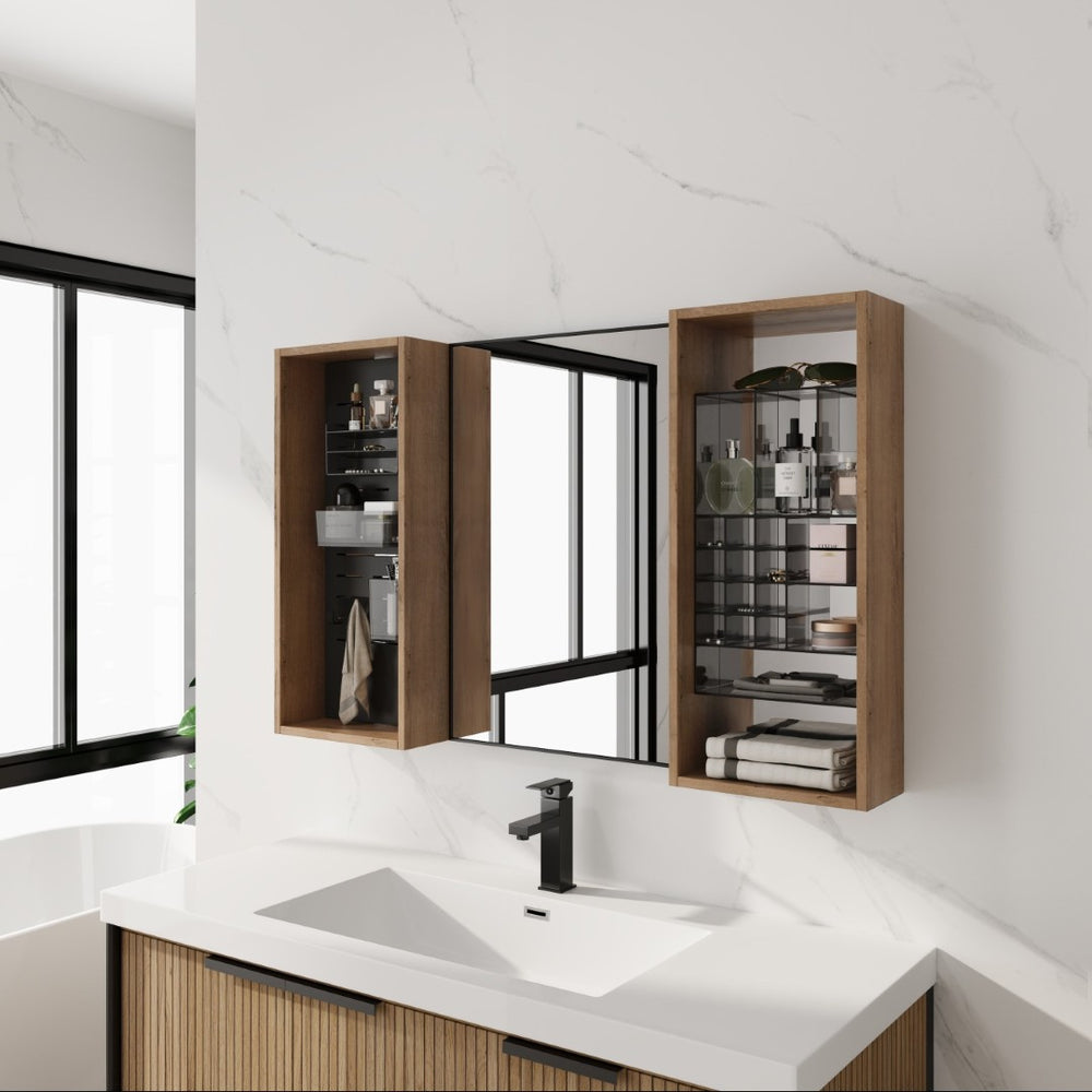 English Elm 43.5 Inch Wall Mounted Medicine Cabinet with Mirror Plywood Storage and Organizer Bins W999S00558