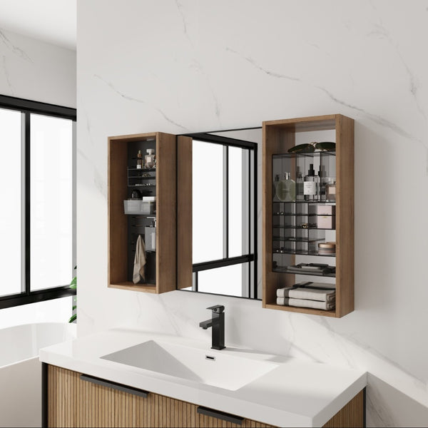 English Elm 43.5 Inch Wall Mounted Medicine Cabinet with Mirror Plywood Storage and Organizer Bins W999S00558