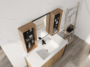 English Elm 43.5 Inch Wall Mounted Medicine Cabinet with Mirror Plywood Storage and Organizer Bins W999S00558