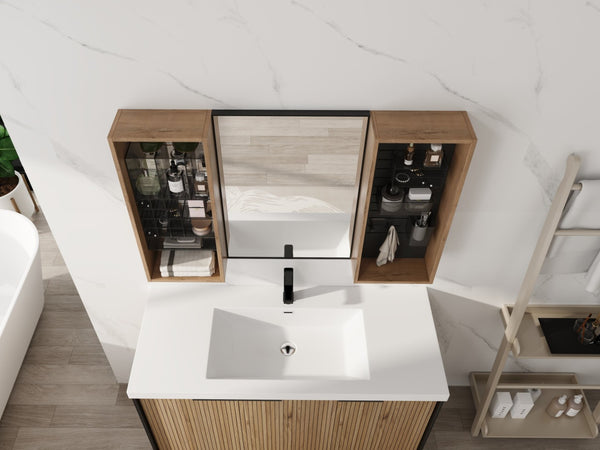 English Elm 43.5 Inch Wall Mounted Medicine Cabinet with Mirror Plywood Storage and Organizer Bins W999S00558