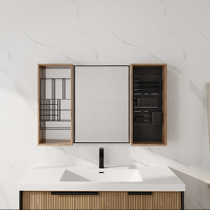 English Elm 43.5 Inch Wall Mounted Medicine Cabinet with Mirror Plywood Storage and Organizer Bins W999S00558